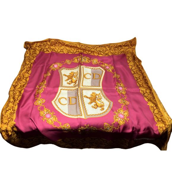 Christian Dior Silk Scarf  Red and Gold with Logo  and Lion Shield Art - Picture 1 of 7